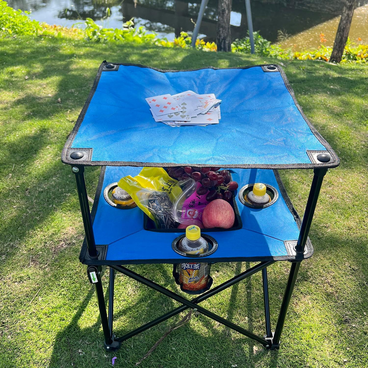 Portable Folding Camping Table With Cup Holders, 2-Tier Outdoor Table