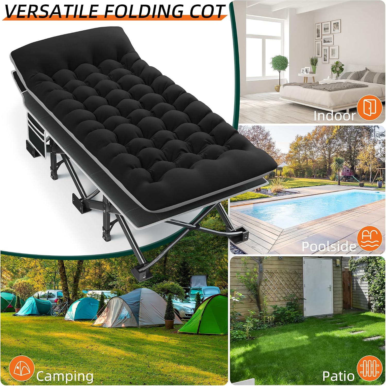 Fragess Portable Camping Cot, 32" Extra Wide Camping Cots for Adults with Thick Mattress, Heavy Duty Sleeping Cot Holds Up to 600LBS, Cots for Sleeping, Rv, Beach, Patio, Office Naps(Black)