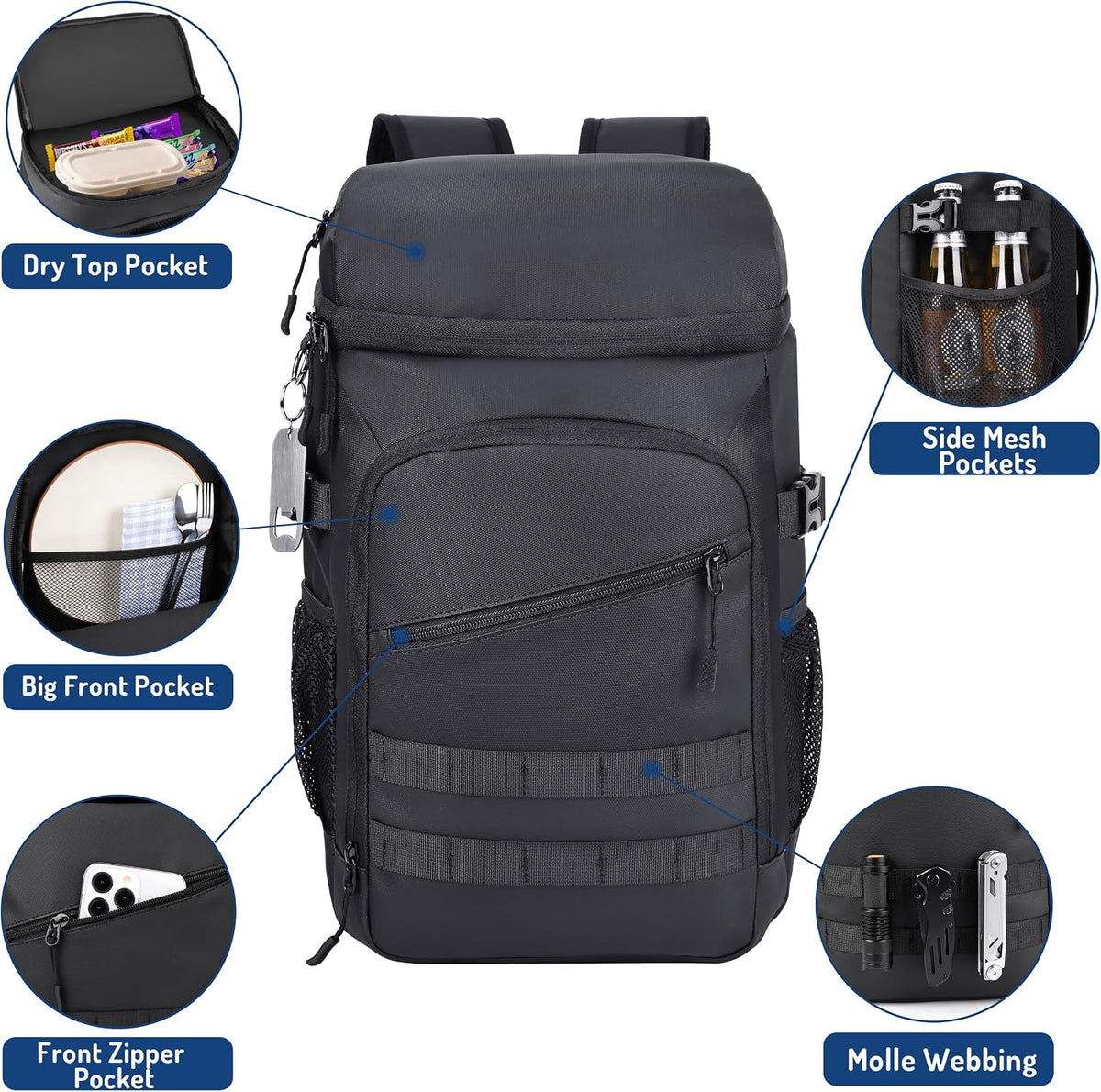DEYACE Cooler Backpack, 33 Cans Tactical Inspired Backpack Cooler Insulated Leak Proof for Men & Women Portable 2 Leak Proof Compartments Coolers Bag for Beach Travel Picnic Lunch Hiking BBQ Camping