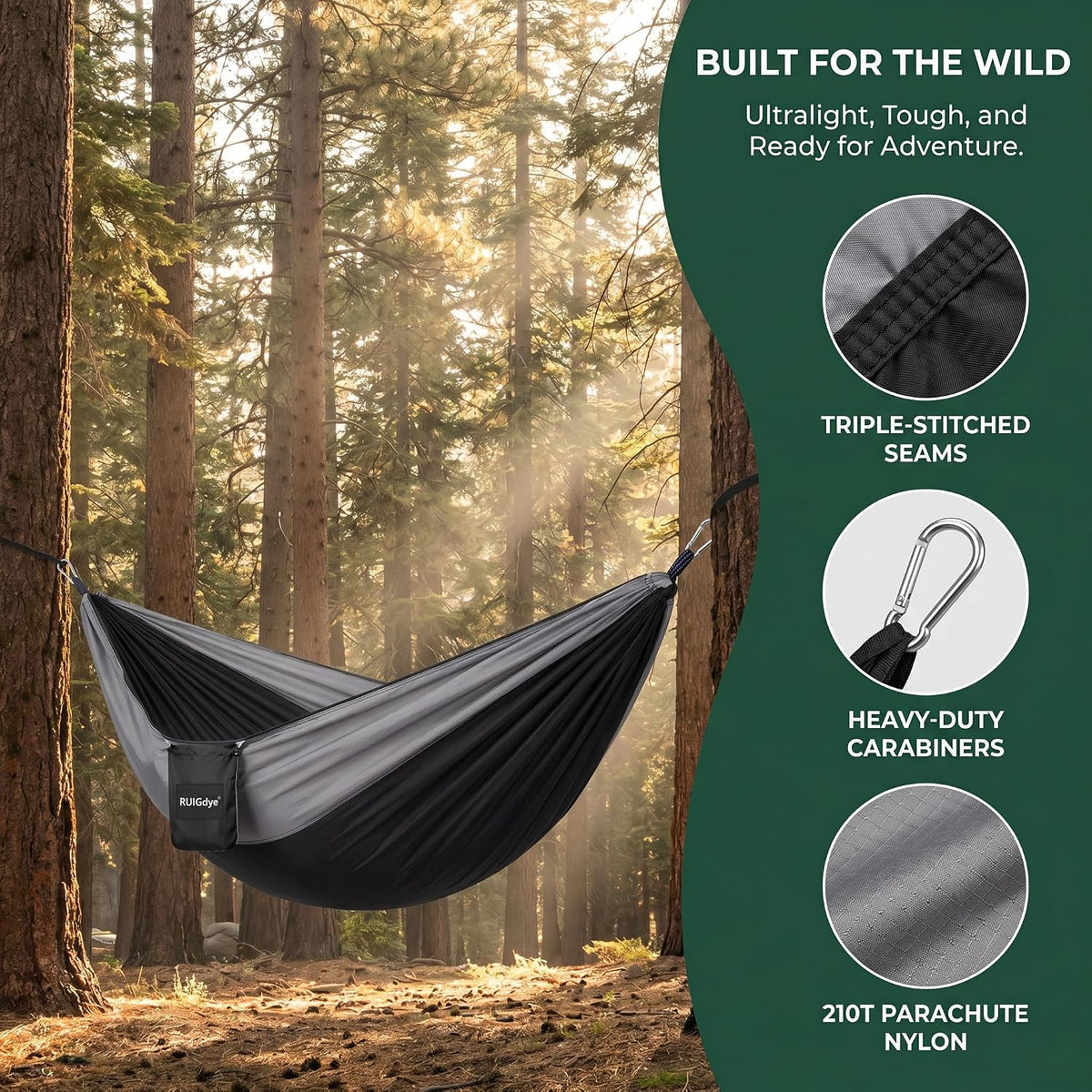 Camping Hammock with Mosquito Net, 650 lbs Portable Hammock with Tree Straps, Parachute Nylon Hammock, 2-in-1 Double/Single Travel Hammock Tent for Outside、Indoor、Backpacking、Beach - Black & Grey