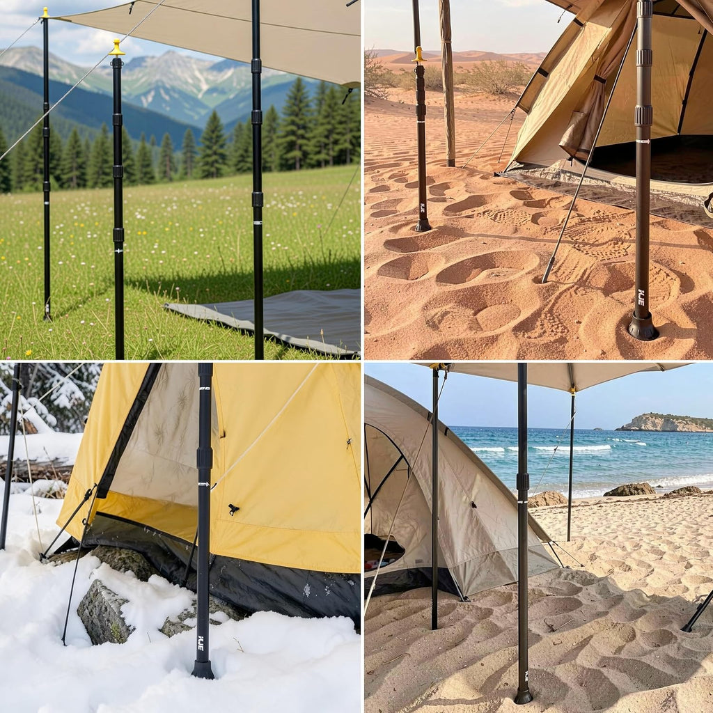 KJE 2 Pack Adjustable Heavy-Duty Tarp Poles, Camping Tent Poles Set with Ground Stakes & Guylines & Yellow Protection Caps, Aluminum Telescoping Pole(2.79ft to 8.5ft) for Outdoor Tarp Use