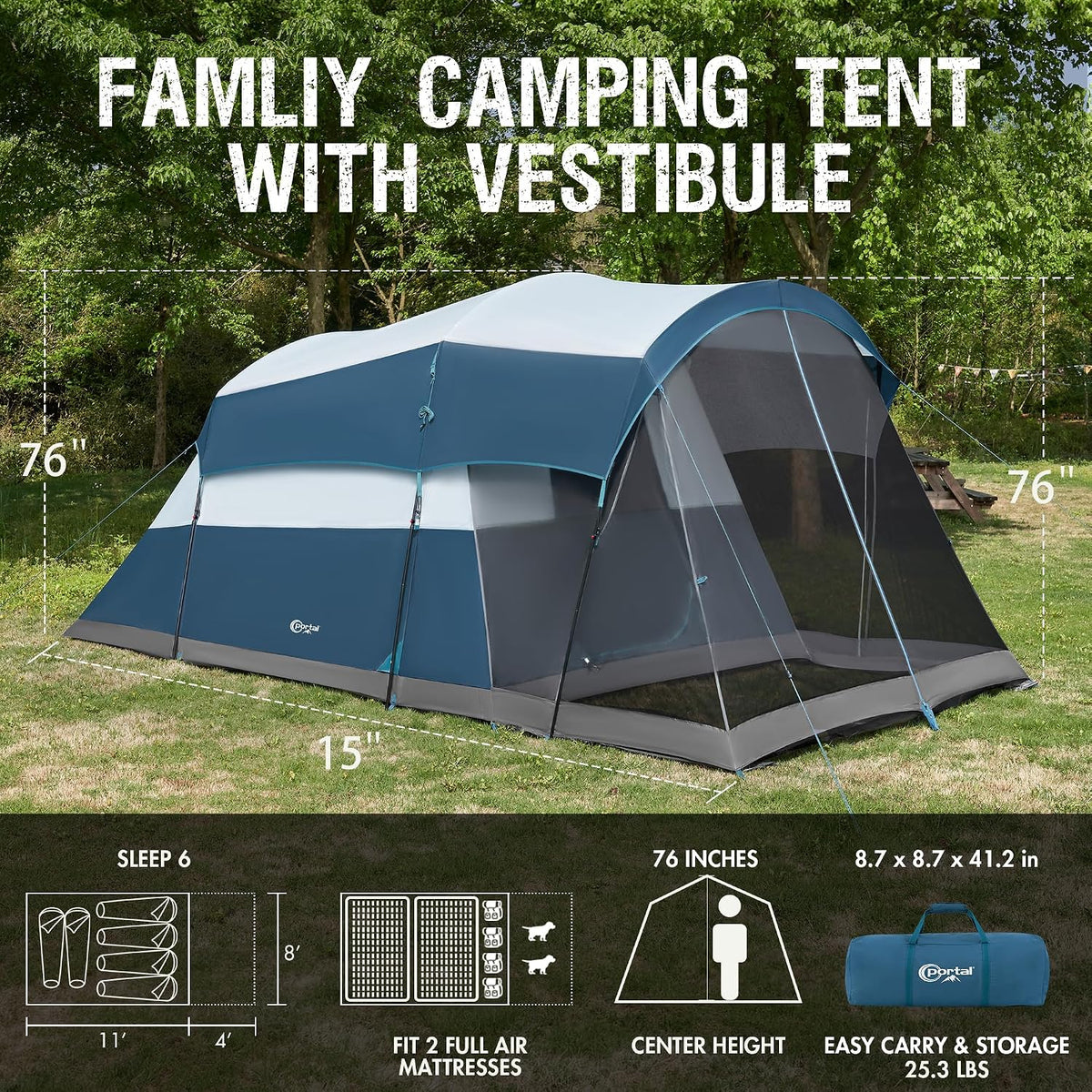 Portal 6/8 Person Instant Tent with Screen Porch, Waterproof Family Camping Tent