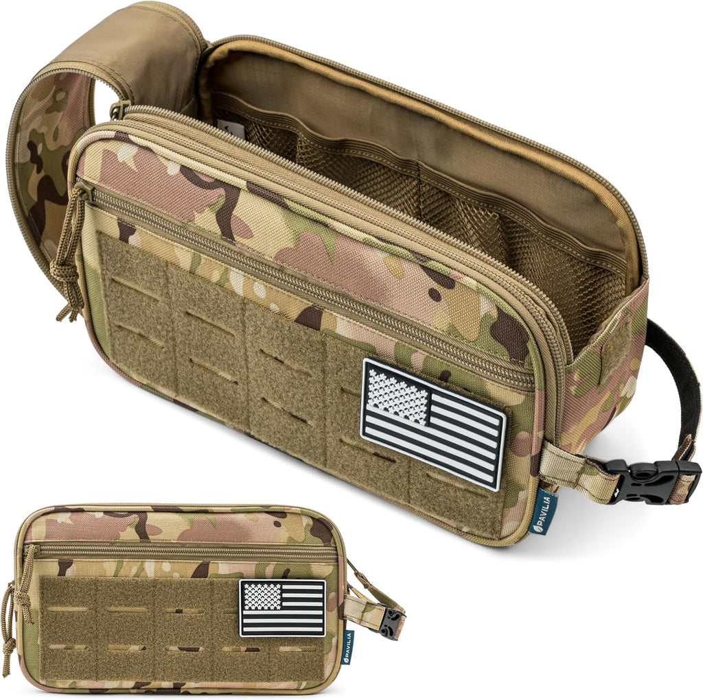 PAVILIA Tactical Toiletry Bag for Men, Water Resistant Molle Military, Camo