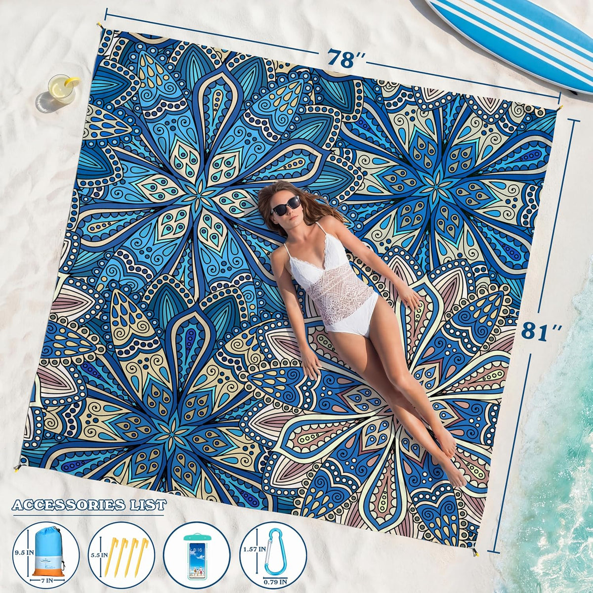 Beach Blanket Waterproof Sandproof 78''X81''/10'X9' Oversized Big Blanket
