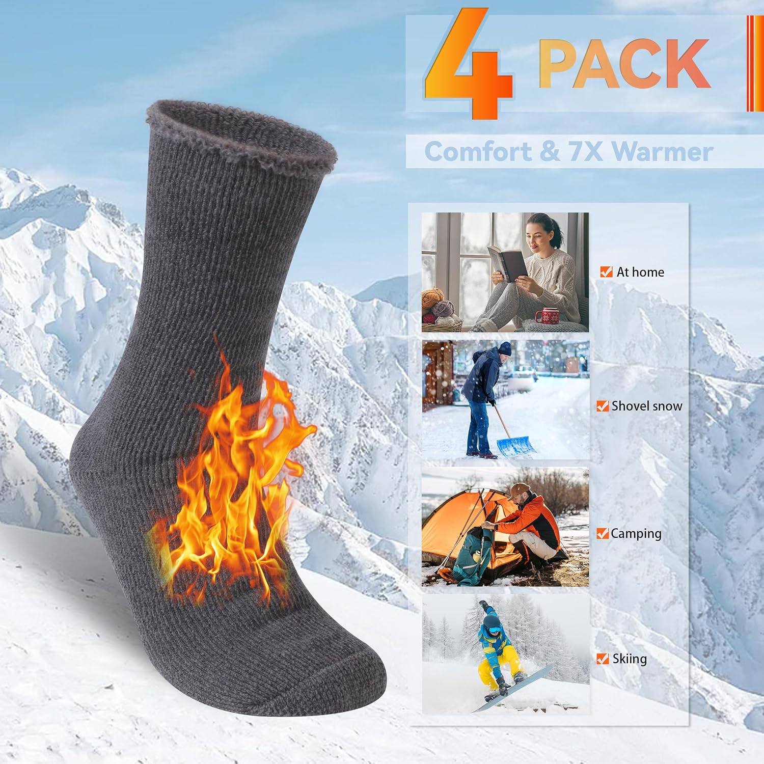 Sunew 4 Pairs Thermal Socks Skiing Snowboarding Hiking Mens Womens 7X Warmer Winter Crew Boot Socks