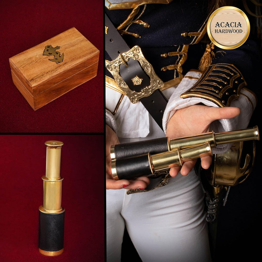 Mythrojan Medieval Brass Telescope with Mini Spyglass,Wooden Box for Reenactment, Cosplay, Steampunk,Nautical Decor - 6 inches, Brass