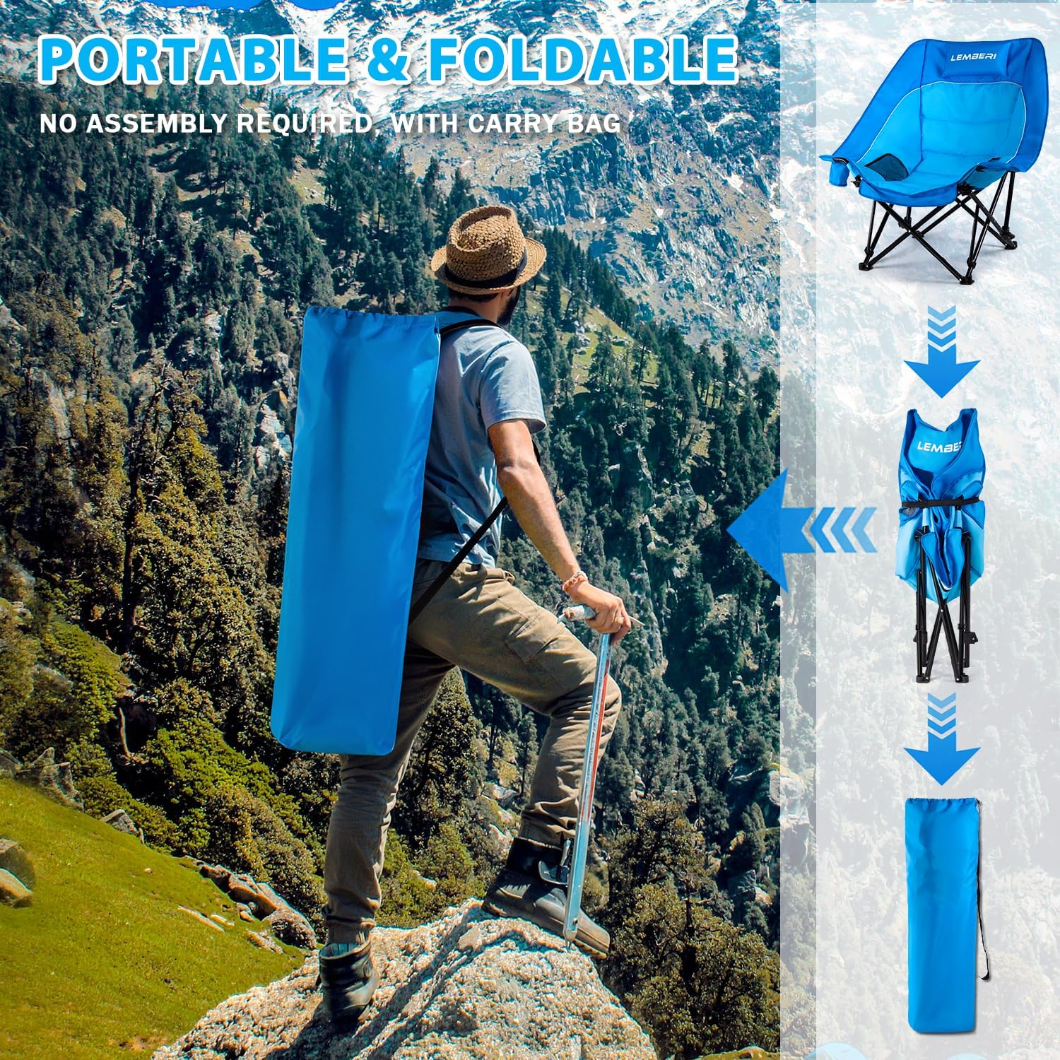 PRETZI Outdoor Oversized Camping Chair, Heavy Duty Support 500 LBS for Adults, Portable Folding Wide Lawn Chair with Headrest Support and Cup Holder, Low Camping Chair for Fishing, Garden, Blue
