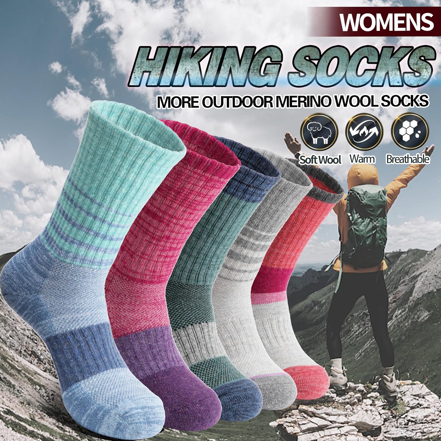 Anlisim Merino Wool Hiking Running Socks for Women, Boot Work Crew Socks