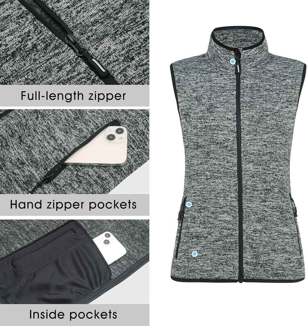 Zip Up Womens Vest with Zipper Pockets Sweater Fleece Vest
