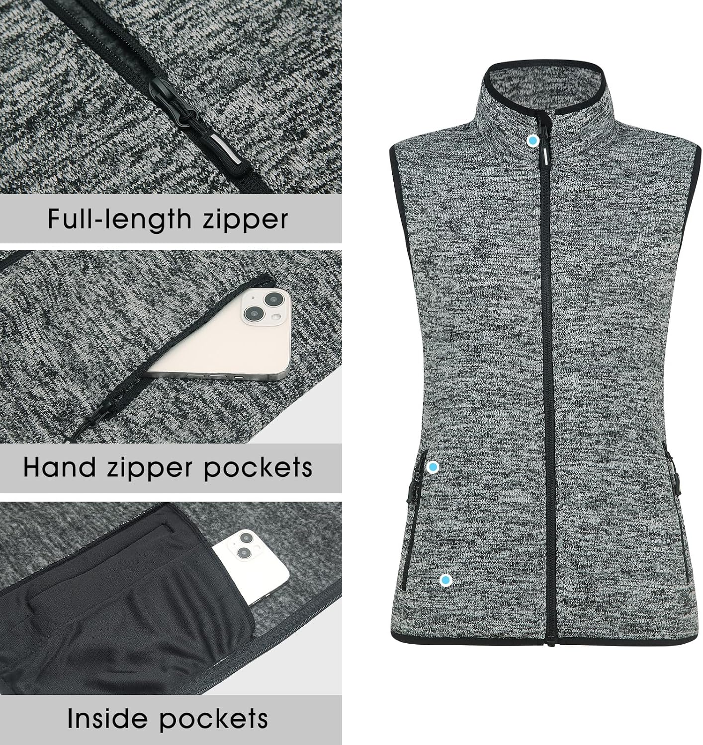 Zip Up Womens Vest with Zipper Pockets Sweater Fleece Vest