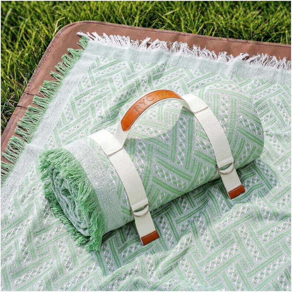 RYCHIC 2 in 1 Extra Large Outdoor Rug Picnic Mat Woven Summer Throw Blanket Boho Giant Beach Travel Essential Yoga Accessories Park Patio Lawn Garden Grass Ground Play Music Festival Concert Must Have