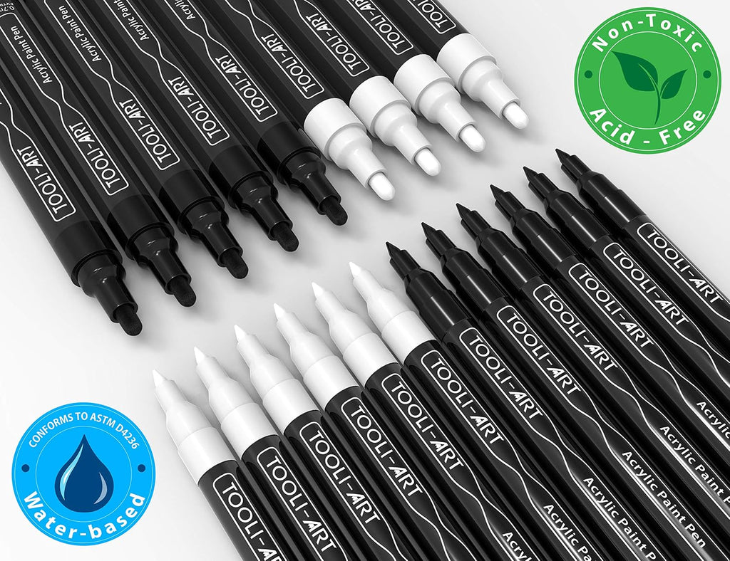 TOOLI-ART Black And White Acrylic Paint Markers Paint Pens Set For Rock Painting, Canvas, Mugs, Metal, Glass Paint, Fabric, Wood, DIY. Non Toxic, Quick Dry,Waterbas (EXTRA FINE & MEDIUM)