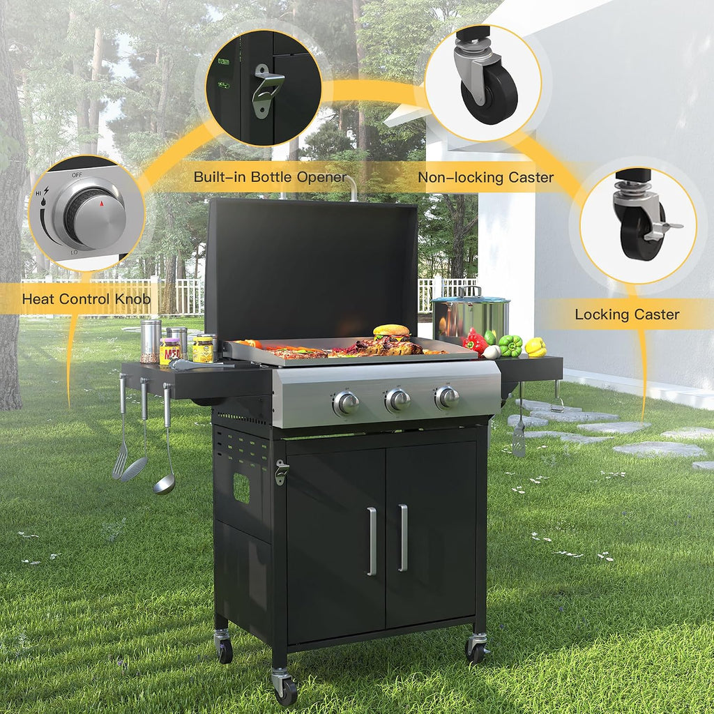 DIFY 3-Burner Propane Gas Griddle Grill, 28 in Flat Top Griddle Grill with Porcelain-Enameled Grates and Stainless Steel Frying Pan, 36000 BTU Output Barbecue Grills for Outdoor Barbecue