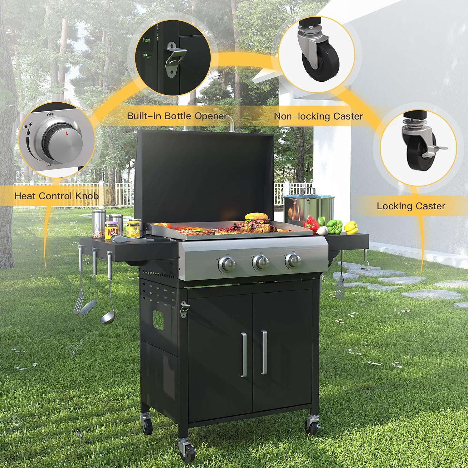 DIFY 3-Burner Propane Gas Griddle Grill, 28 in Flat Top Griddle Grill with Porcelain-Enameled Grates and Stainless Steel Frying Pan, 36000 BTU Output Barbecue Grills for Outdoor Barbecue