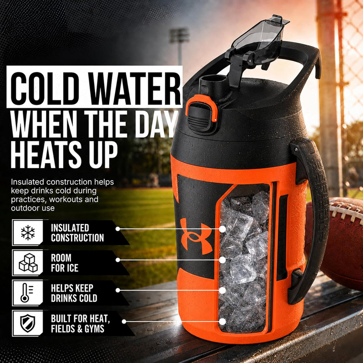 Under Armour Insulated Water Bottle with Handle & Fence Hook, Half Gallon Sports Water Jug, Leak-Resistant & BPA-Free for Baseball, Football & Gym - Blaze Orange/Black, 64oz