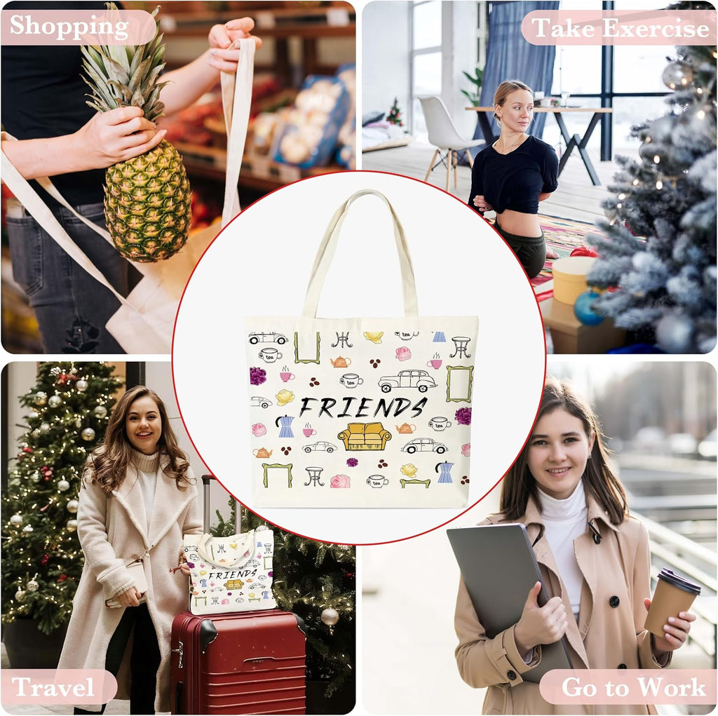 Friends Canvas Tote Bag, TV Show Gifts Tote Bags for Women, Friendship Gifts for Besties, Reusable Cloth Cotton Bags for Travel Shopping Beach - O01