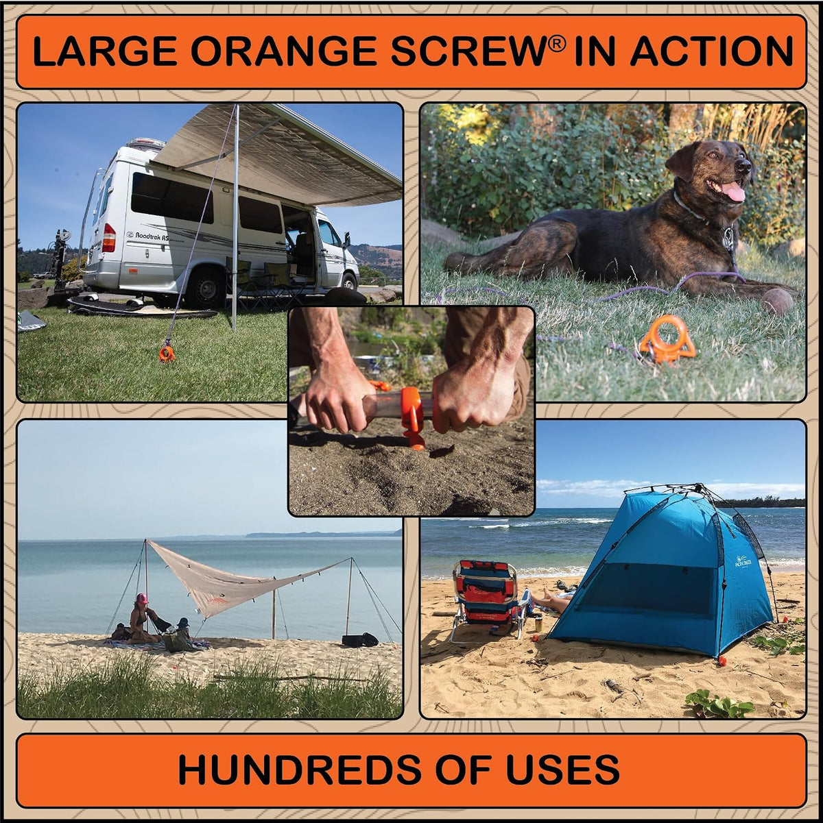 Orange Screw Ultimate Ground Anchors: Heavy Duty Screw-in Tent Stakes for High Wind, Sand, Canopies, and Camping - Made in USA, 100% Recycled, Included T-Grip Tool - (Large, 2 Pack)
