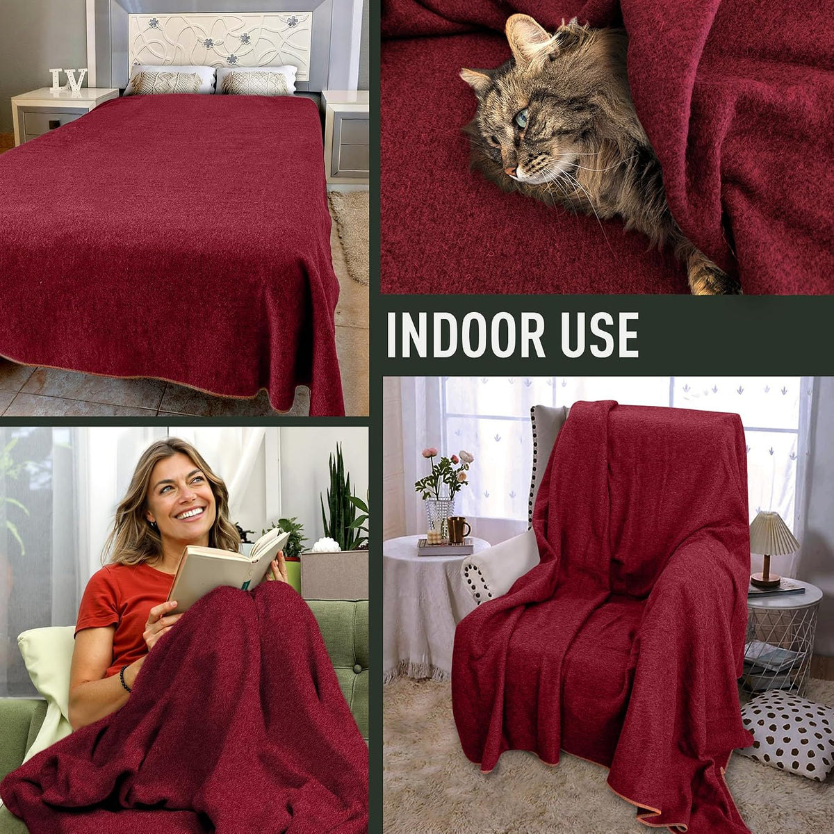 Large Military Wool Blanket - Warm & Thick Emergency Survival Blanket Great for Camping, Outdoors, Sports Events, Picnics, 4.5 lbs, 64" x 88" (Maroon)