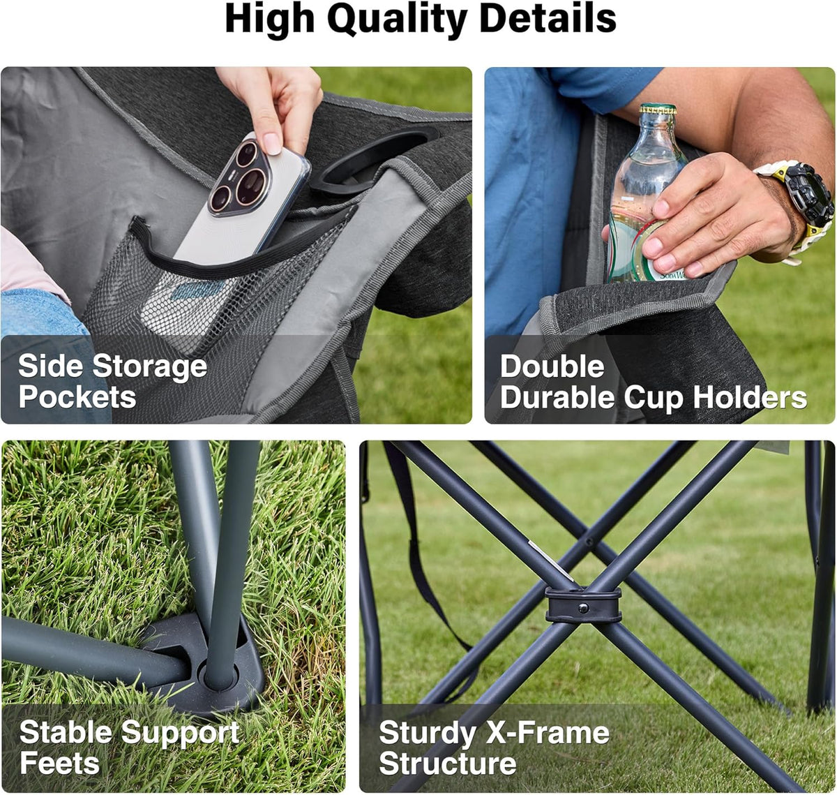 Oversized Camping Chairs with Cup Holder 500LBS, Black