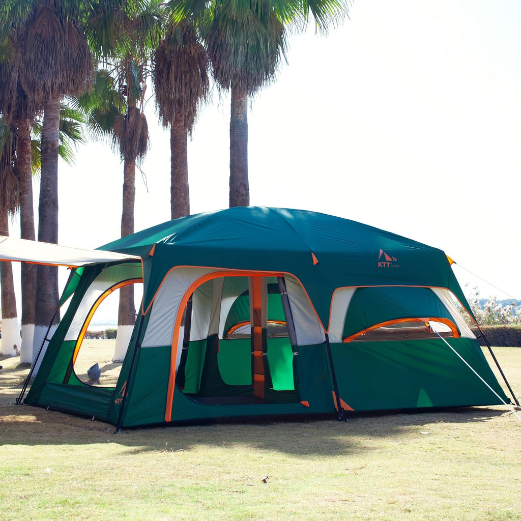 KTT Extra Large Tent 10-12 Person,Family Cabin Tents,2 Rooms,3 Doors and 3 Windows with Mesh,Straight Wall,Waterproof,Double Layer,Big Tent for Outdoor,Picnic,Camping,Family Gathering