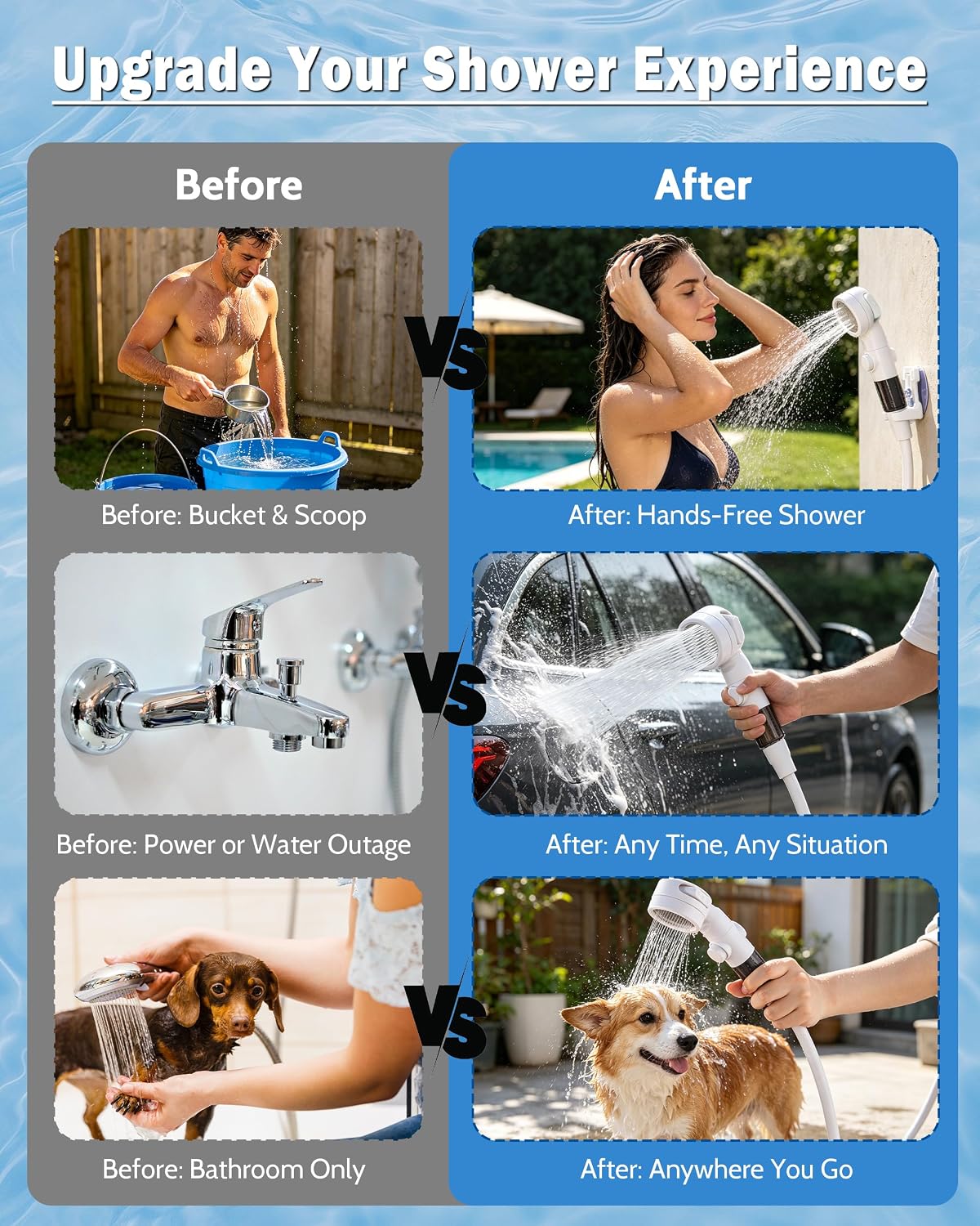 Subtoy Portable Camping Shower Pump, USB-C Rechargeable Shower Head Sprayer with 3 Modes, Pumps Water from Bucket, Shower Pump for Travel, RV, Pet Bath, Beach, and Emergency Use (+ Mesh Bag)