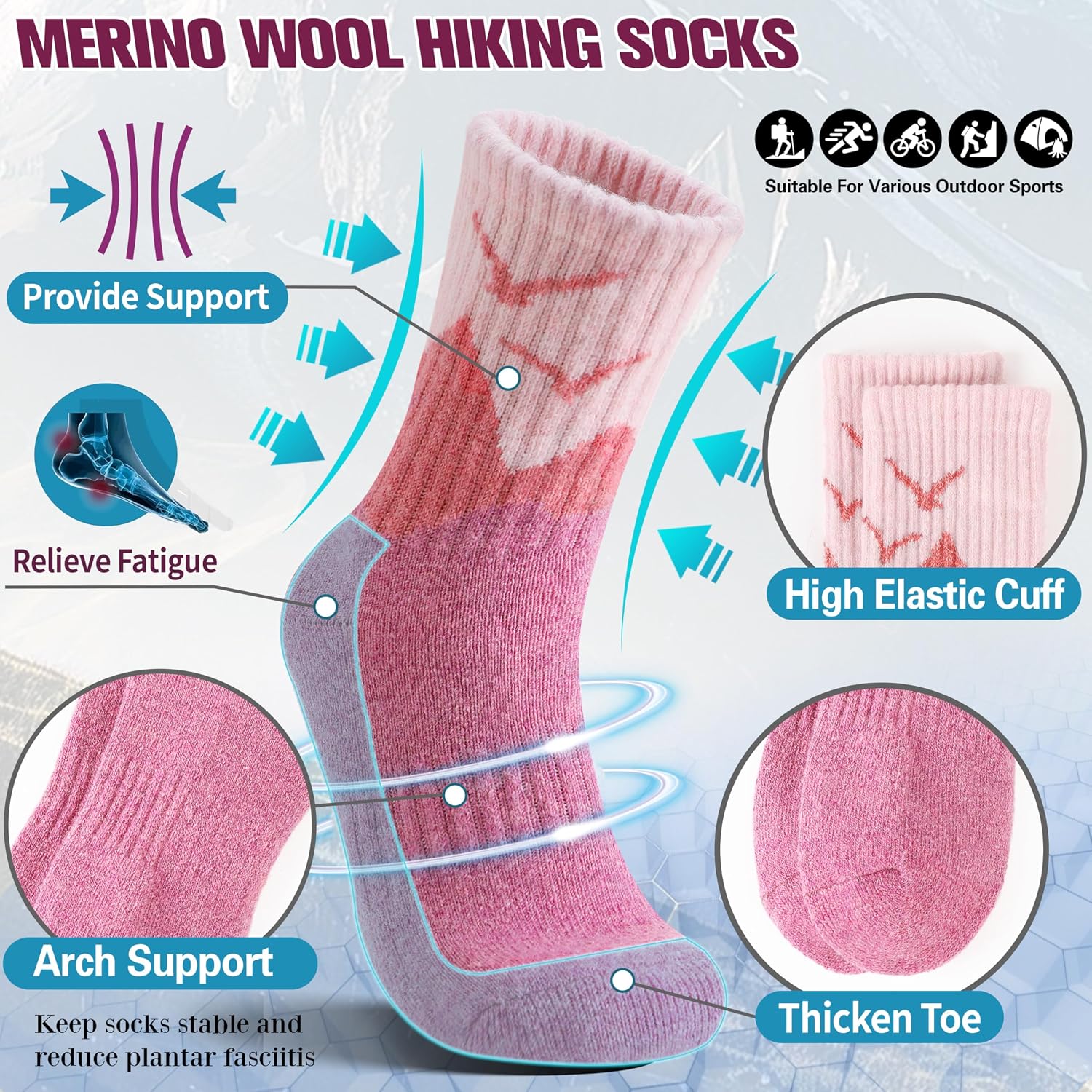 EBMORE 5 Pairs Womens Merino Wool Hiking Socks Thermal Warm Winter Boot Crew Cushion Work Gift Socks
