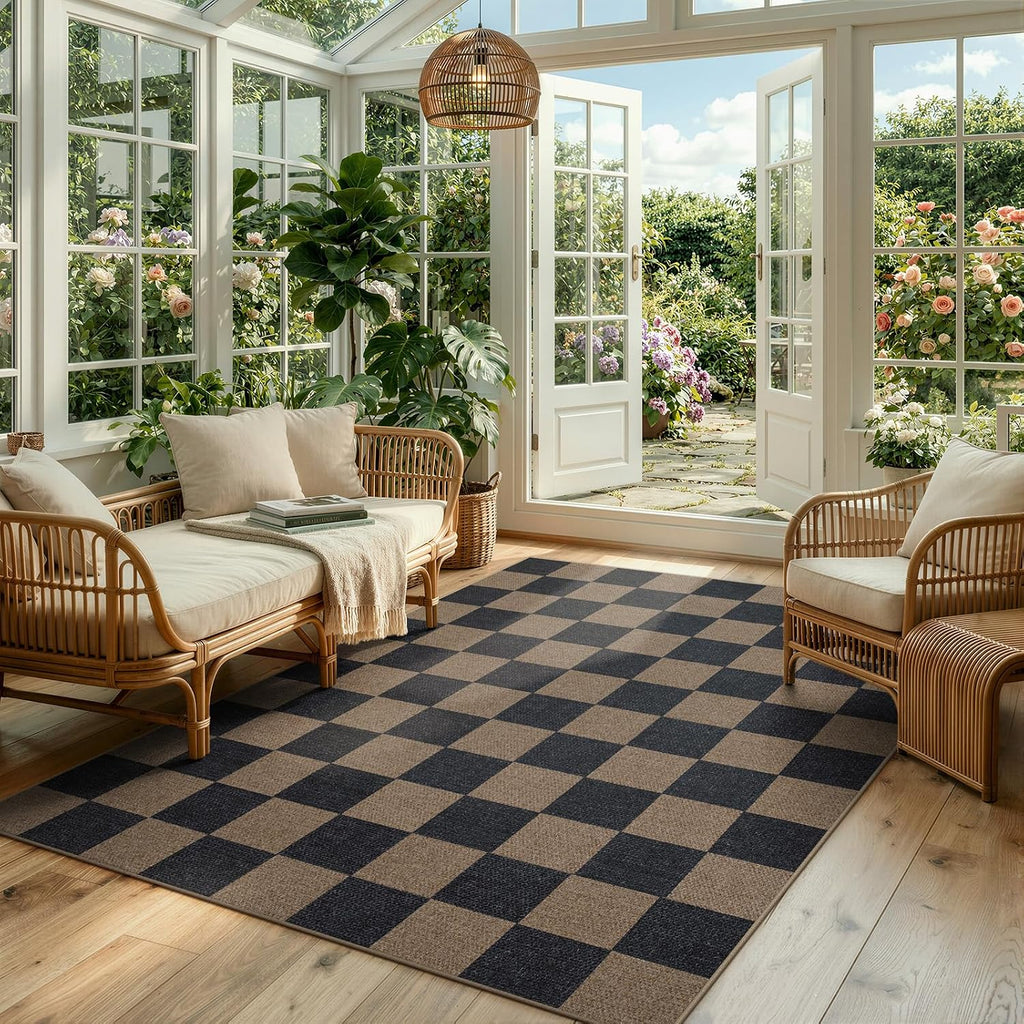 Lahome Checkered Easy Jute Living Room Rugs, 5x7 Outdoor Patio Rug Washable
