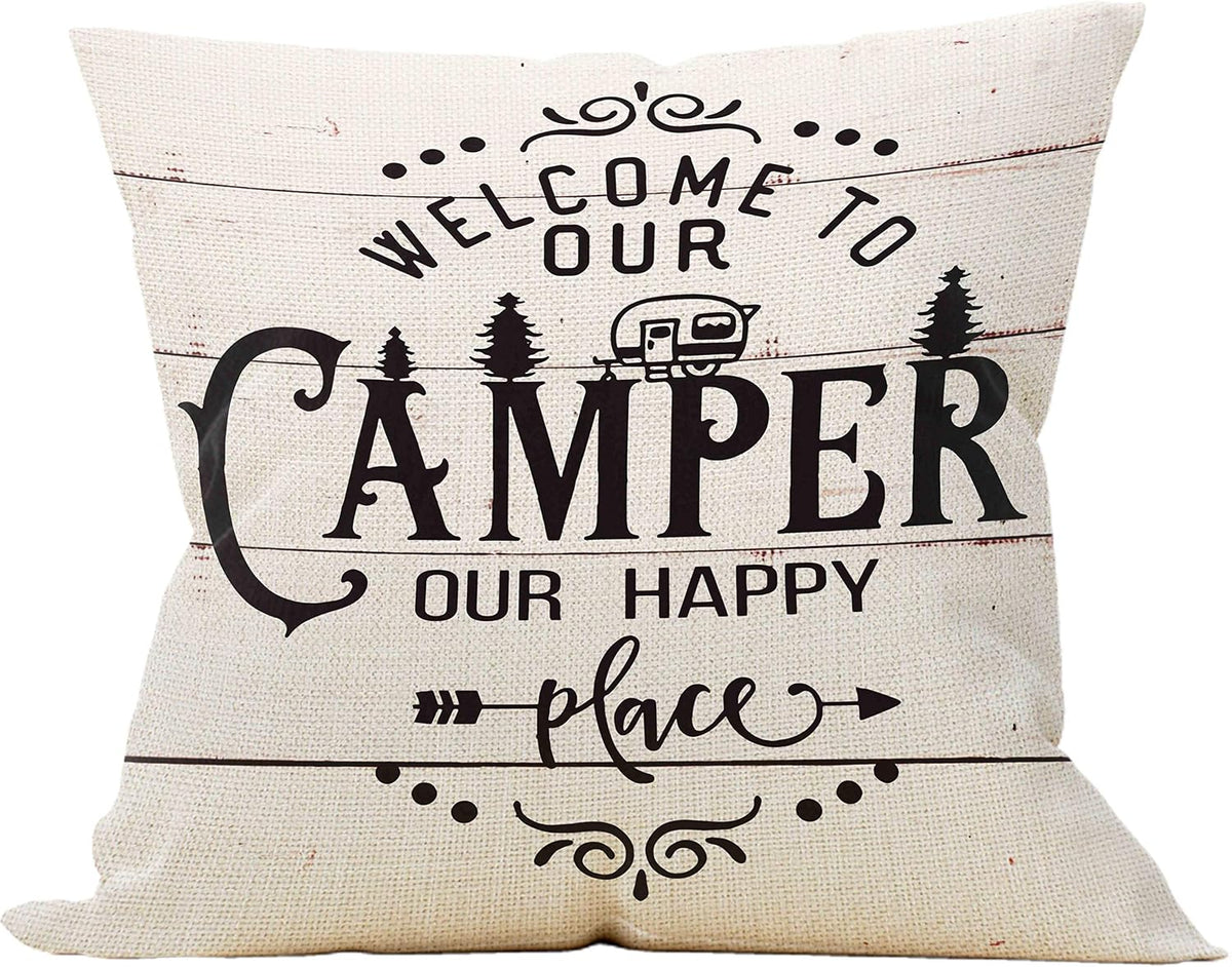 Mancheng-zi Happy Camper Pillow - 18 x 18, Camper Decor, RV Decorations