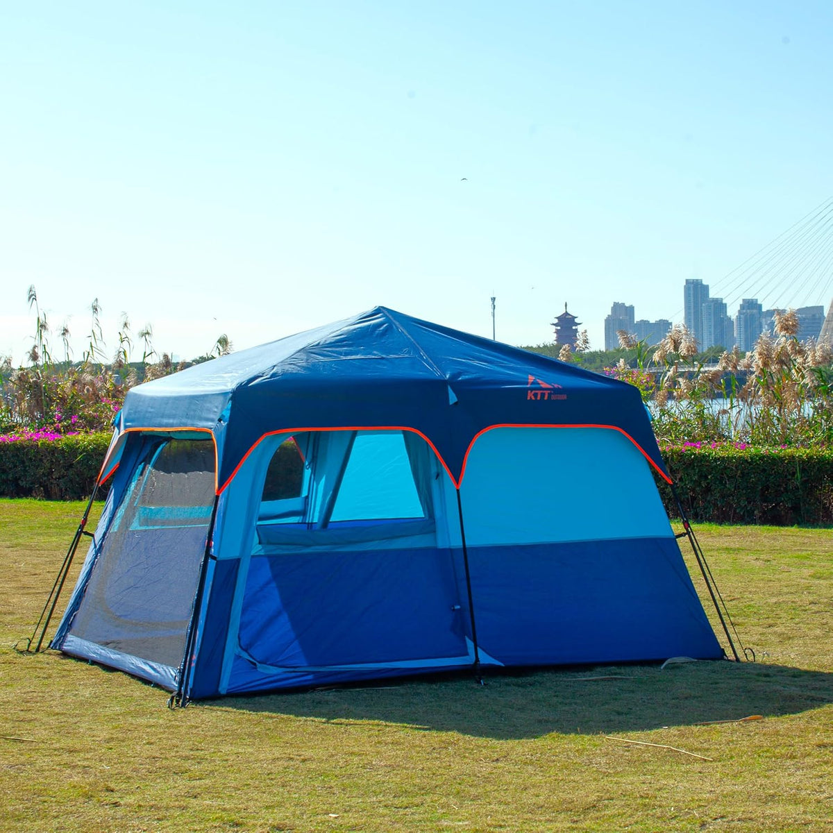 KTT Extra Large Tent 8-10-12-14 Person(A),Family Cabin Tents,2 Rooms,3 Doors and 3 Windows with Mesh,Straight Wall,Waterproof,Double Layer,Big Tent for Outdoor,Picnic,Camping,Family Gathering