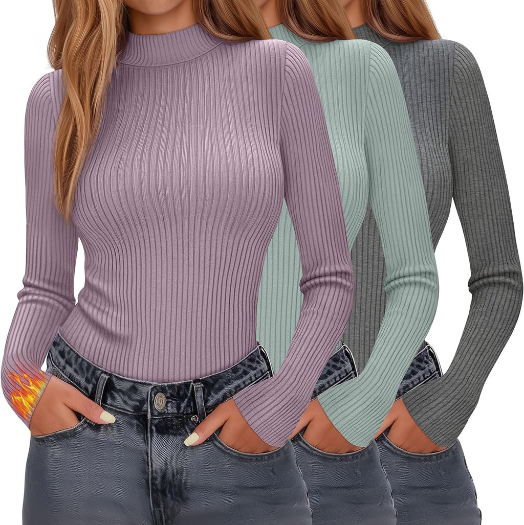 Evervibe 3 Pack Women's Ribbed Mock Neck Thermal Tops