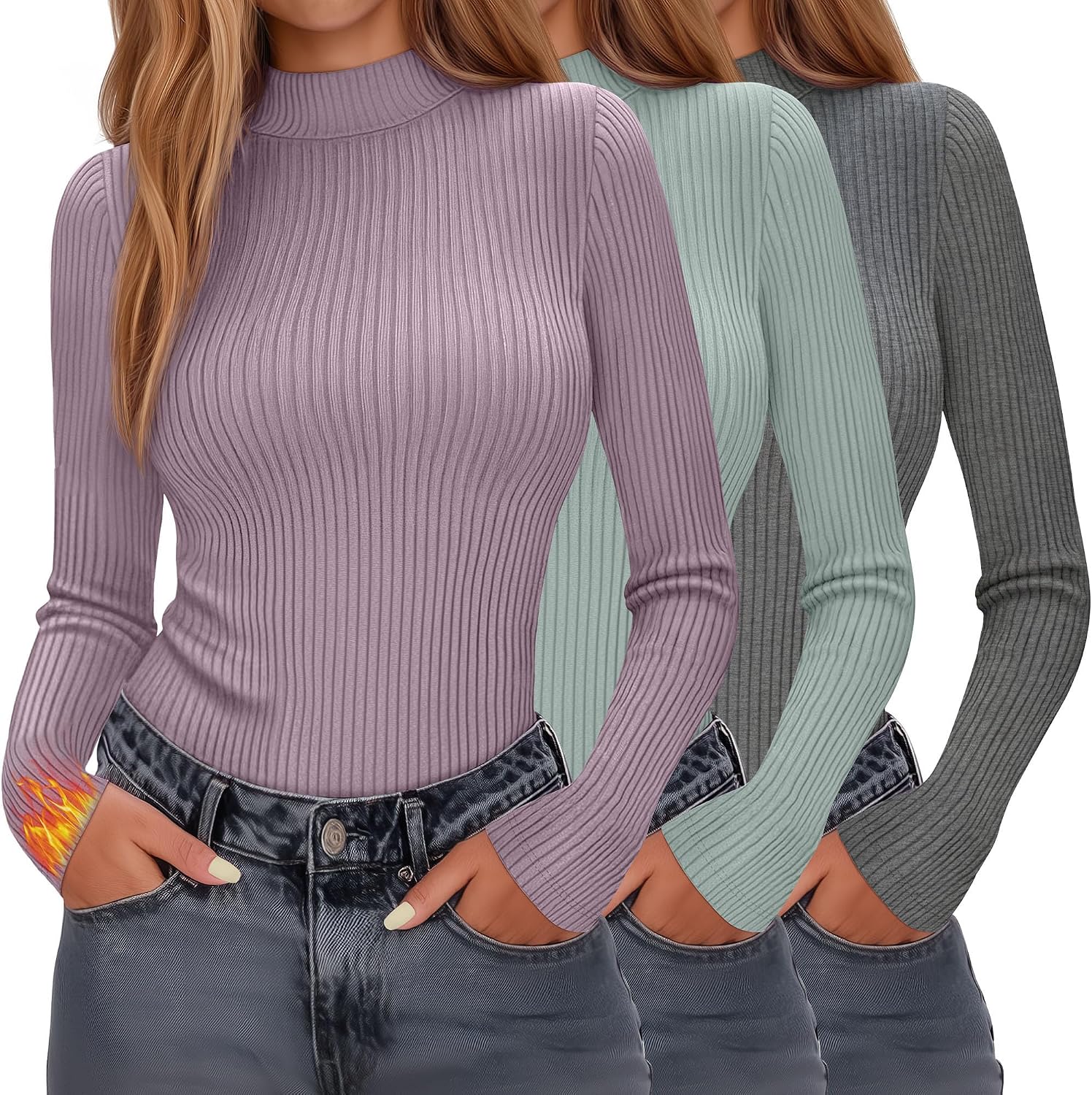 Evervibe 3 Pack Women's Ribbed Mock Neck Thermal Tops