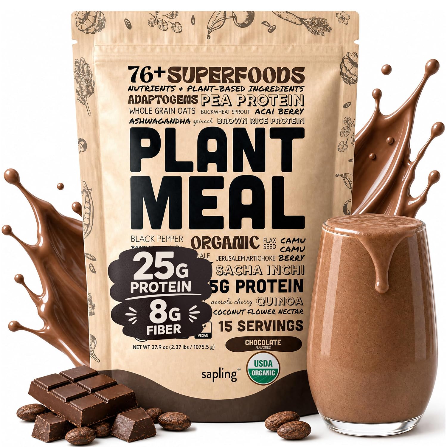Plant Meal Replacement Shake - Chocolate - 25g of Plant Based Vegan Protein Powder, 76+ Organic Superfoods, Vitamins & Minerals, Mushrooms, Super Greens, Digestive Enzymes & Probiotics - 15 Servings