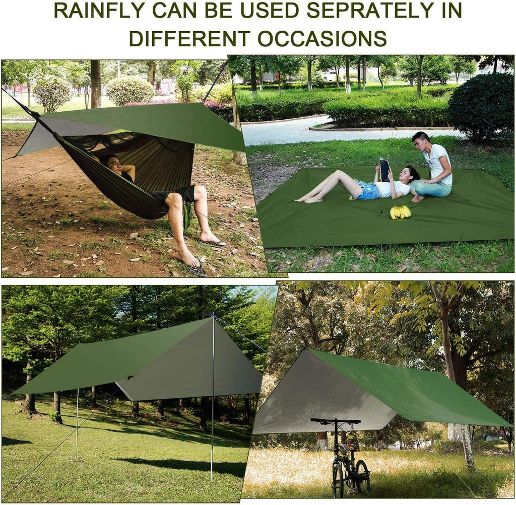 Camping Hammock with Rain Fly Tarp and Mosquito Net Tent Tree Straps, Portable Single Double Nylon Parachute Hammock Rainfly Set for Backpacking Hiking Travel Yard Outdoor Activities Green