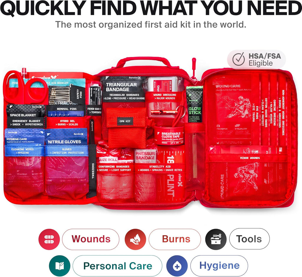 SurviveX Large First Aid Kit, Emergency Kit for 3-4 People