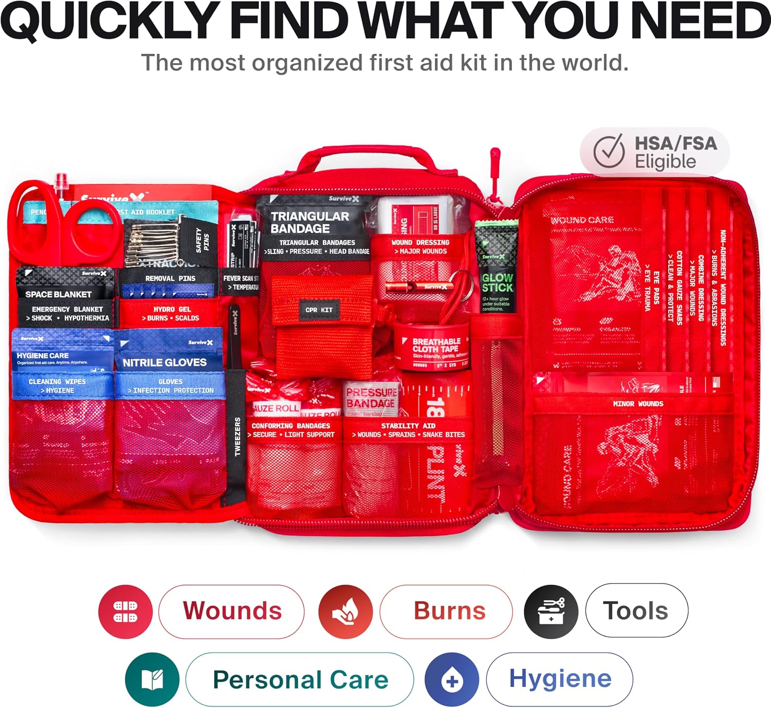SurviveX Large First Aid Kit, Emergency Kit for 3-4 People