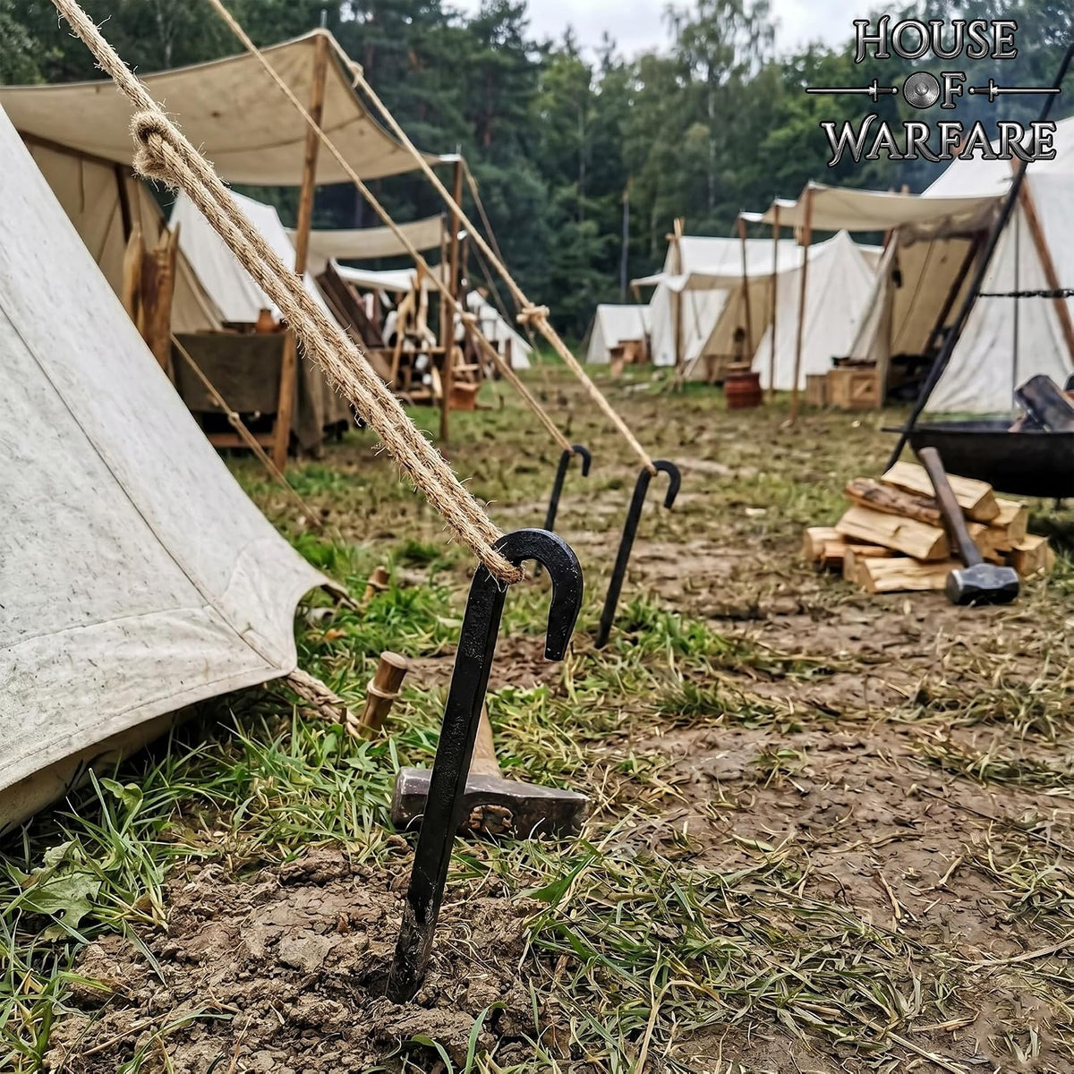 Hand Forged Iron Tent Stakes, 10 Inch Heavy Duty Tent Pegs, 8 Pcs Camping Stakes for Tents, Shelters, Tarps and Reenactments