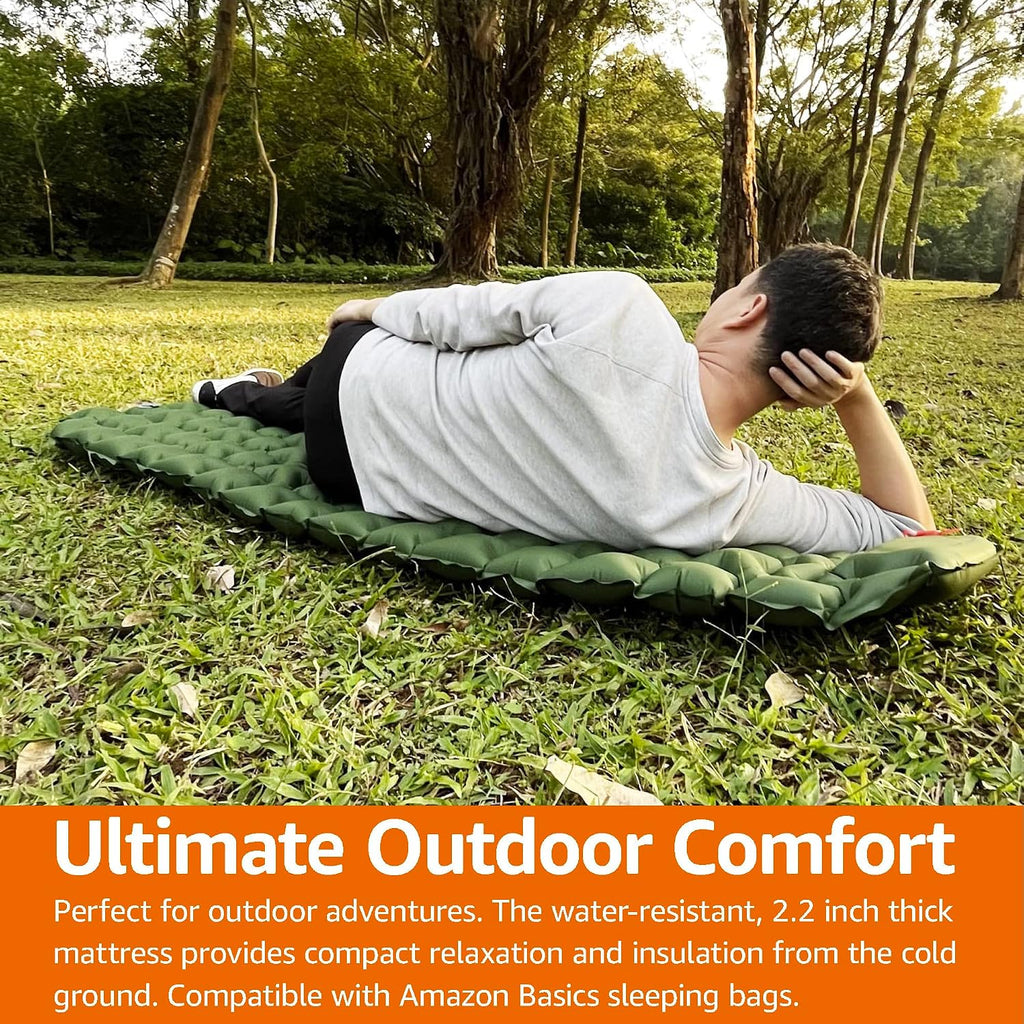Amazon Basics Camping Sleeping Pad with Quick-Inflate Built-in Foot Pump, Water Resistant, Ultralight, Portable for Hiking and Backpacking, Olive Green