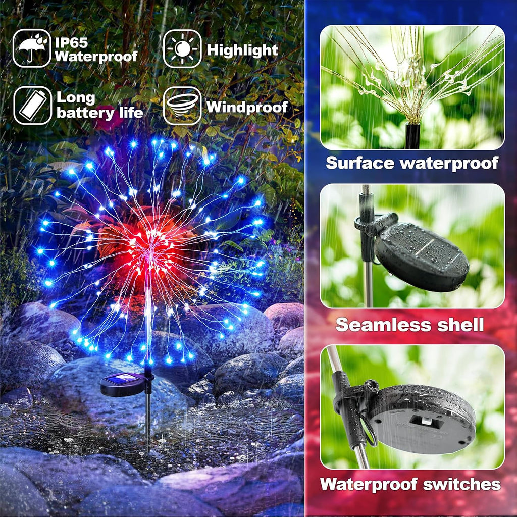 Anordsem Solar Firework Lights Outdoor Garden Fairy Lights 2 Pack Red Blue
