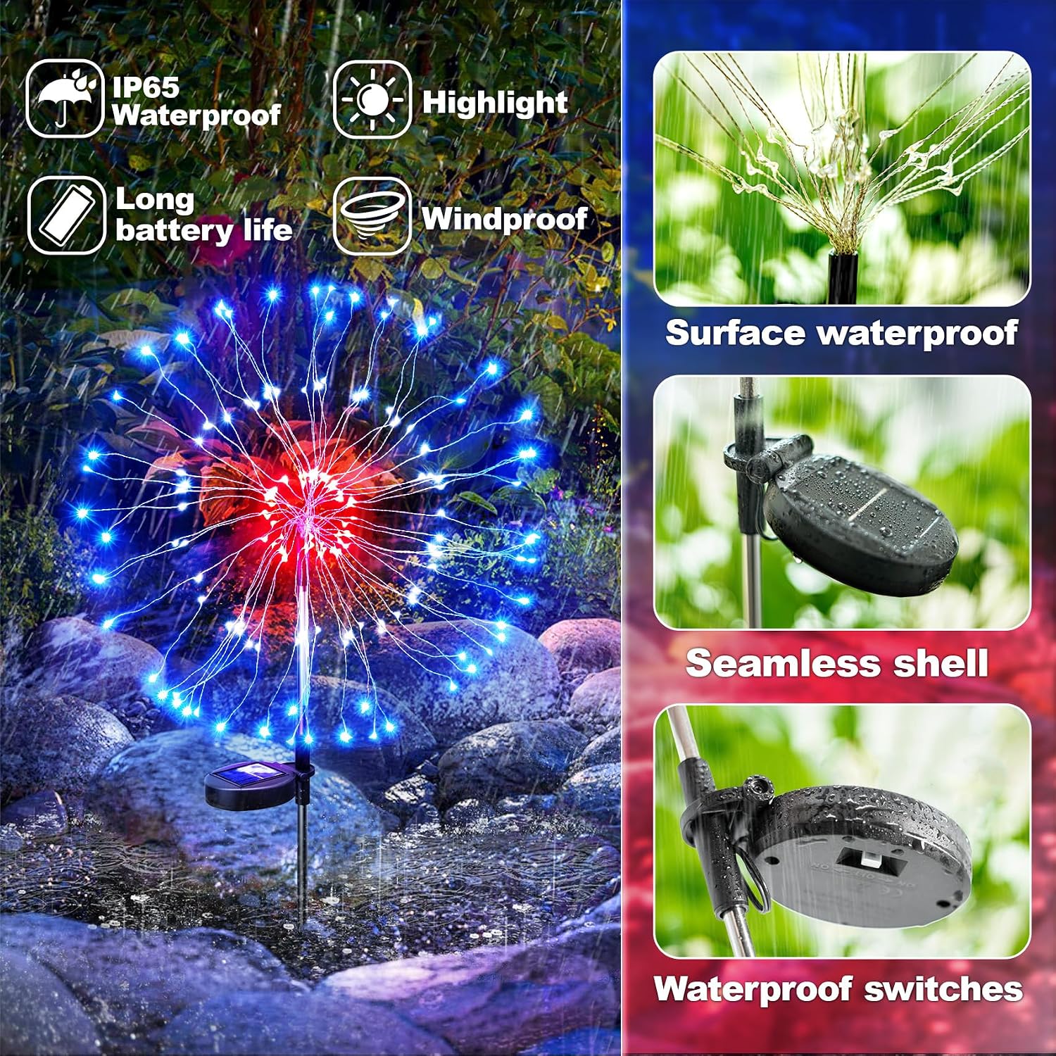 Anordsem Solar Firework Lights Outdoor Garden Fairy Lights 2 Pack Red Blue
