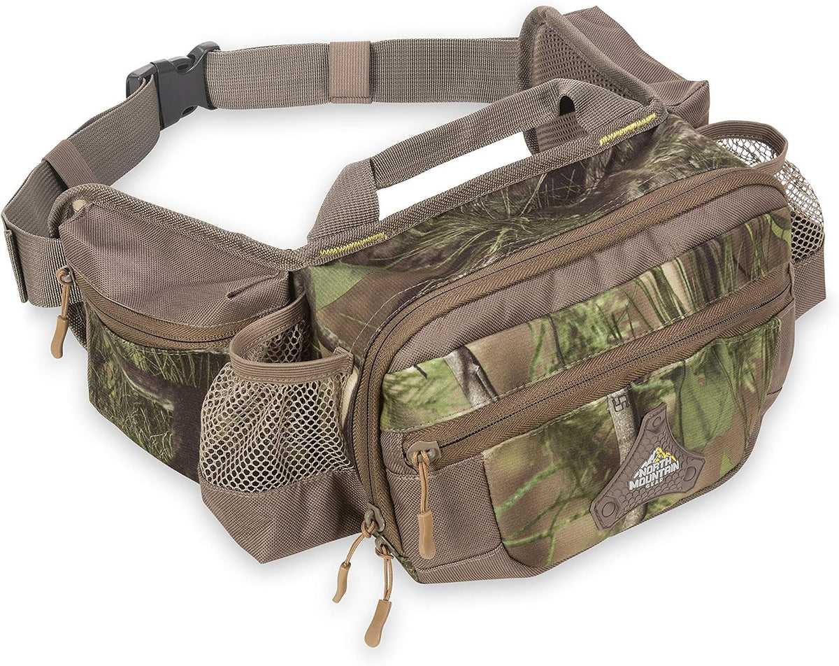North Mountain Gear Camouflage Fanny Pack - Lightweight & Waterproof Hunting Waist Pack For Outdoor, Hiking Camping Accessories (Mossy Oak Bottomland)