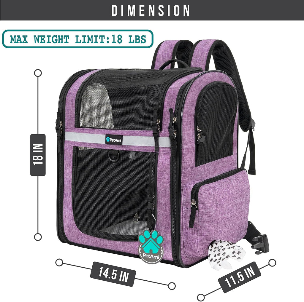 PetAmi Dog Backpack Carrier, 4-Way Entry Ventilated, 18 lbs, Purple