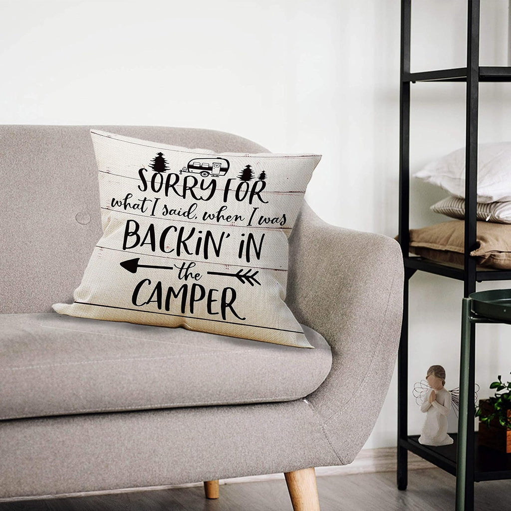 Sorry For What I Said When I Was Backin In The Camper Throw Pillow Case, Campers Gifts, Camper Decor, RV Decor, 18 x 18 Inch RV Trailer Pillow Decorative Linen Cushion Cover for Sofa Couch Bed