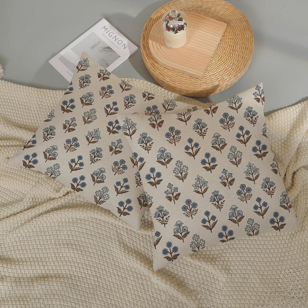 Blue Brown Pillow Covers 18x18 Inch 2 Pcs Block Print Vintage Floral Decor Throw Pillows Boho Flower Spring Summer Outdoor Seasonal Decoration Pillowcase Linen Cushion Cover for Couch Sofa
