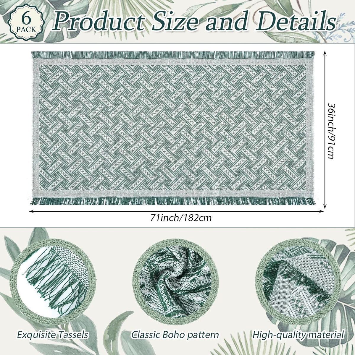 Frienda 6 Pcs Large Boho Outdoor Picnic Blanket 70" x 35" Chic Woven Cotton Yarn Beach Blanket with Fringe Washable Sandproof Portable for Picnic Camping Travel Lawn Bohemian Decor (Trendy,Green)