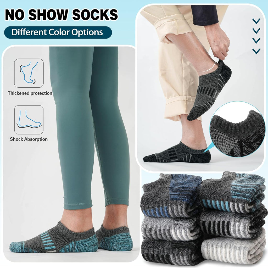Merino Wool Ankle Athletic Running No Show Socks Cushioned Breathable Sports Warm Thick Socks for Men and Women 6 Pairs