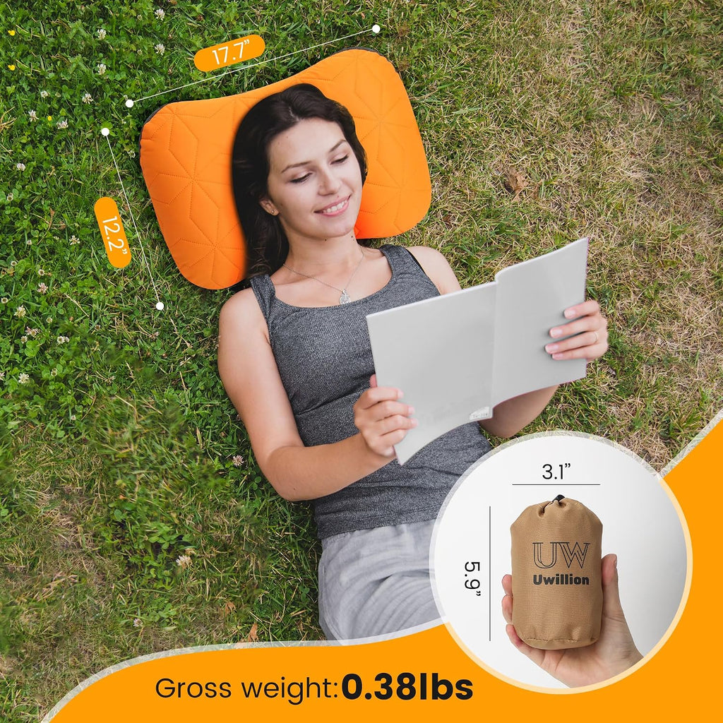 UWILLION Inflatable Camping Pillow with Removable Washable Cover, Ultralight Compact Air Pillow for Backpacking, Hiking, Travel & Camping, Ergonomic Neck and Lumbar Support Blow Up Pillow – Orange