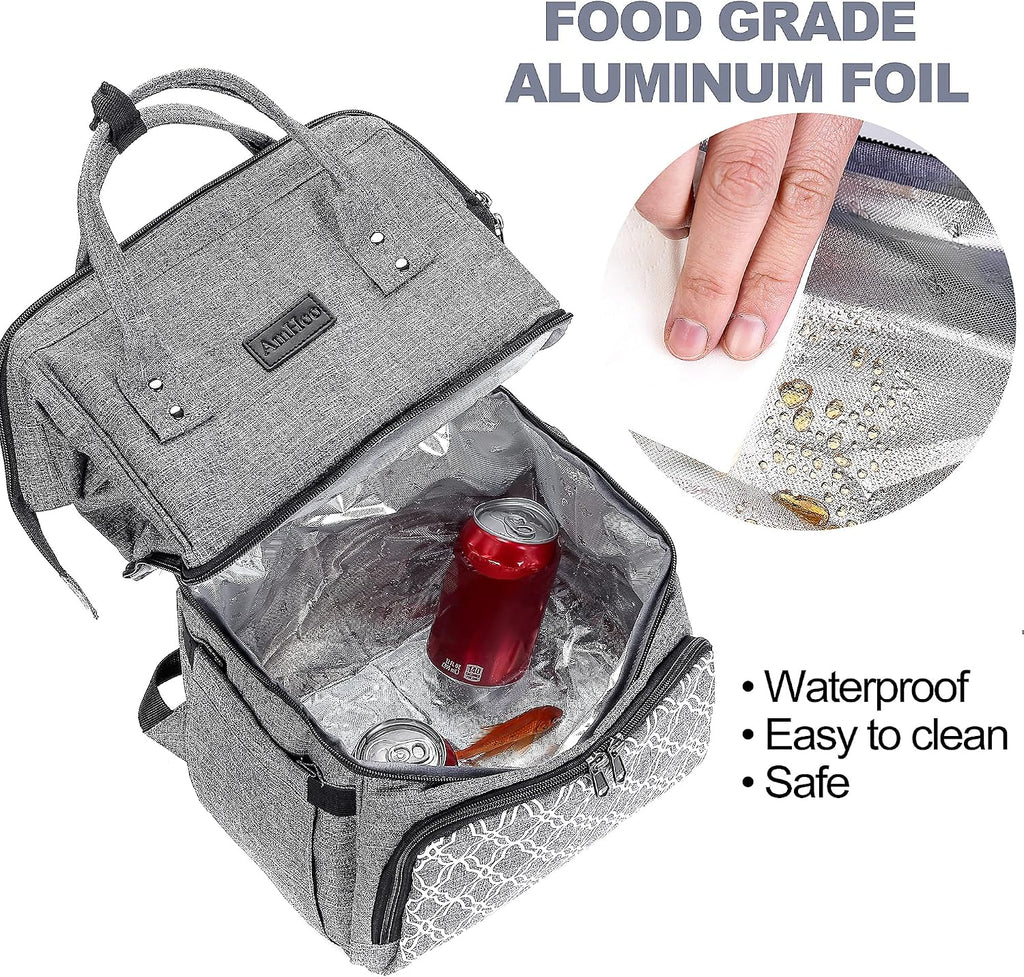 AmHoo Insulated Lunch Box Cooler Backpack Waterproof Leak-Proof Lunch Bag Tote for Men Women Hiking Beach Picnic Trip with Strongest YKK Zipper Gray