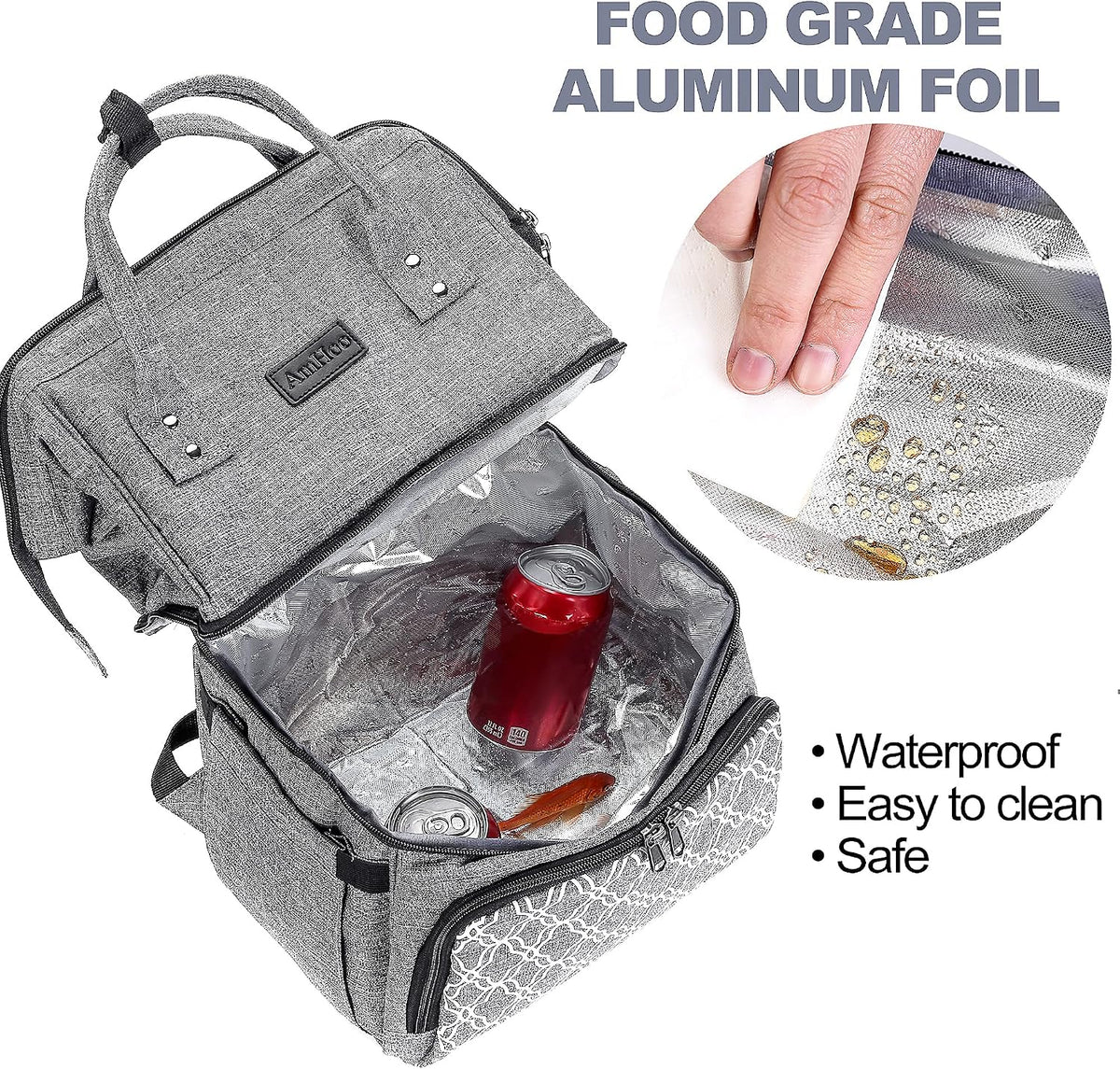 AmHoo Insulated Lunch Box Cooler Backpack Waterproof Leak-Proof Lunch Bag Tote for Men Women Hiking Beach Picnic Trip with Strongest YKK Zipper Gray