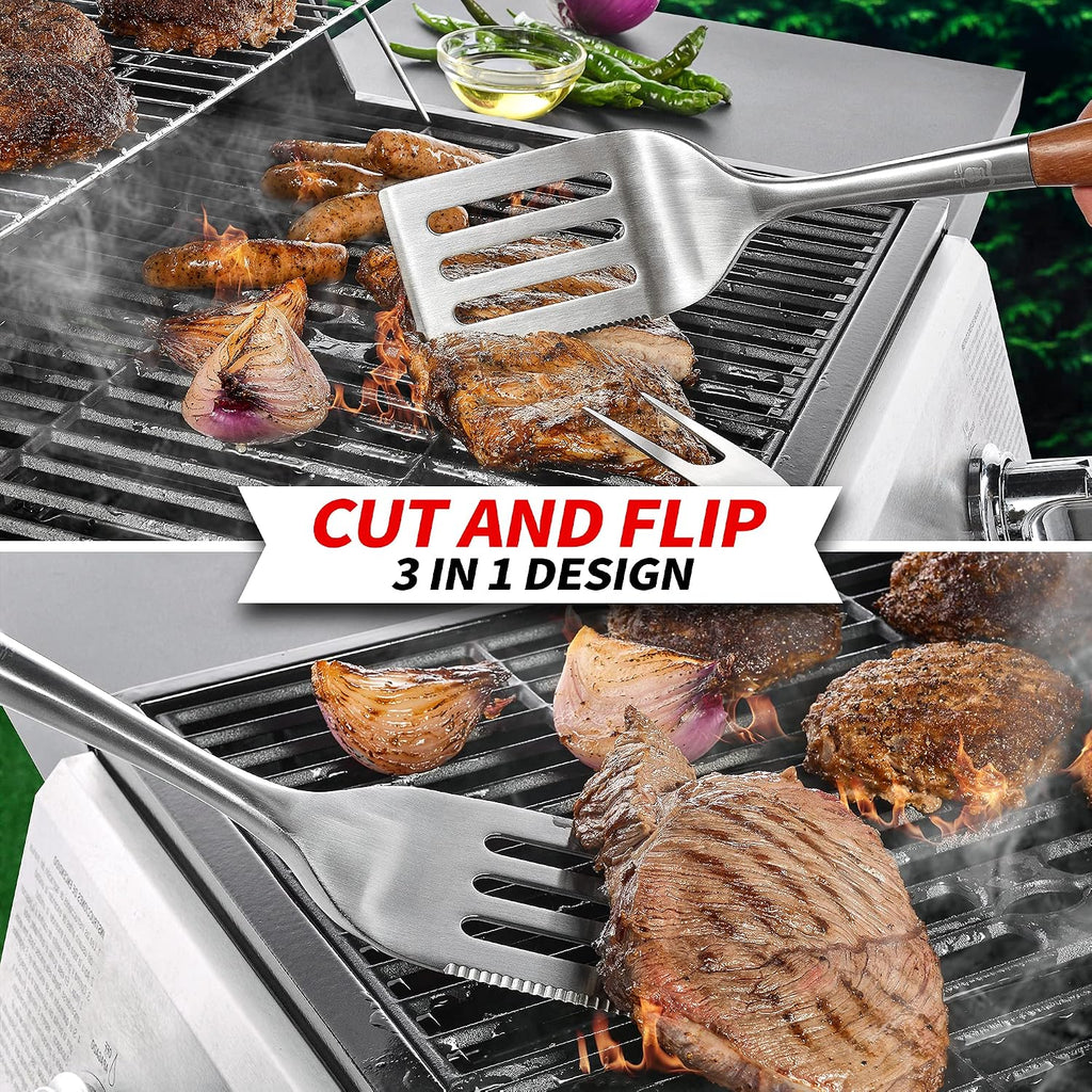 GRILAZ Heavy-Duty Rose Wooden BBQ Grilling Tools Set. Extra Thick Stainless Steel Multi-Function Spatula, Fork & Tongs | Essential Accessories for Barbecue & Grill. Ideal Gift for Father…