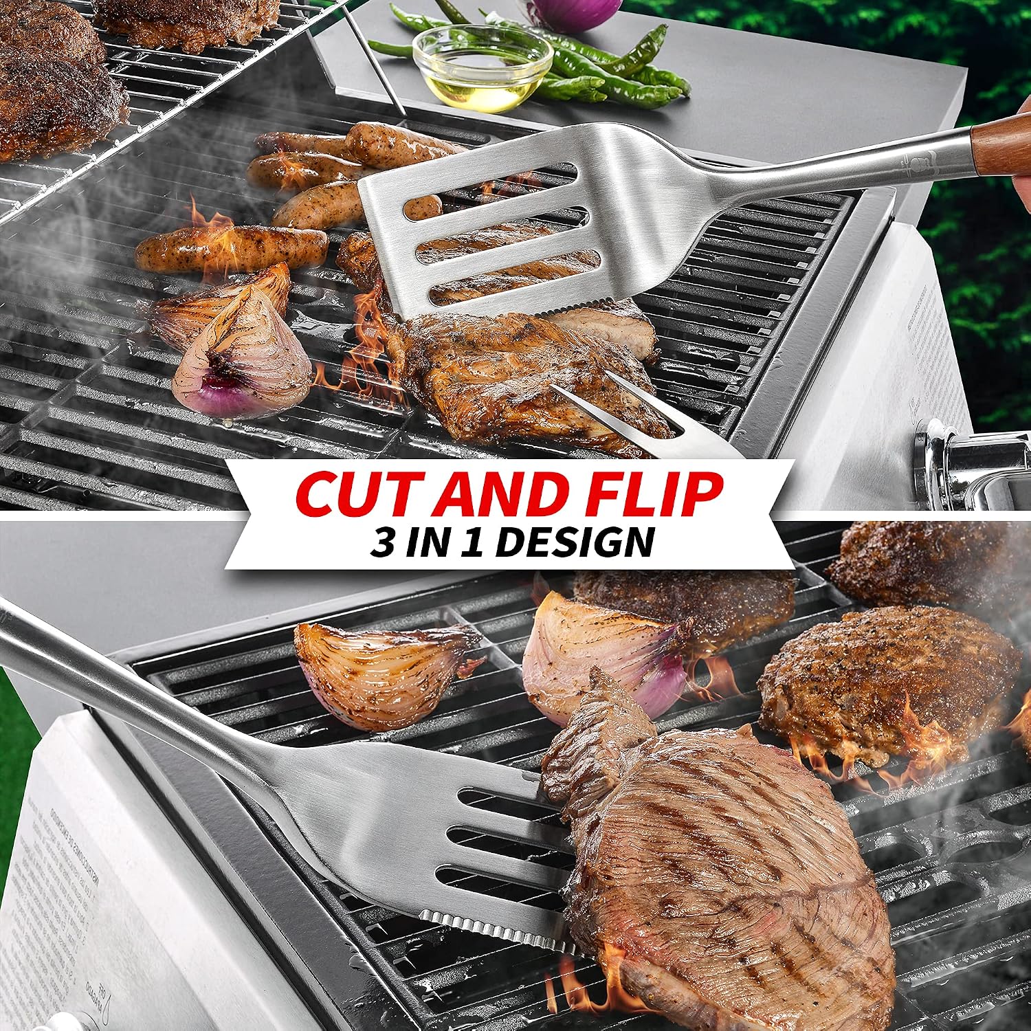 GRILAZ Heavy-Duty Rose Wooden BBQ Grilling Tools Set. Extra Thick Stainless Steel Multi-Function Spatula, Fork & Tongs | Essential Accessories for Barbecue & Grill. Ideal Gift for Father…